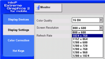 Inbetriebnahme Externen Monitor anschließen 8. "Graphics properties..." auswählen. 9. "Display Settings" auswählen, dann die gewünschte Auflösung wählen, z.b. "1024 by 768". 10. Auf "Apply" klicken.