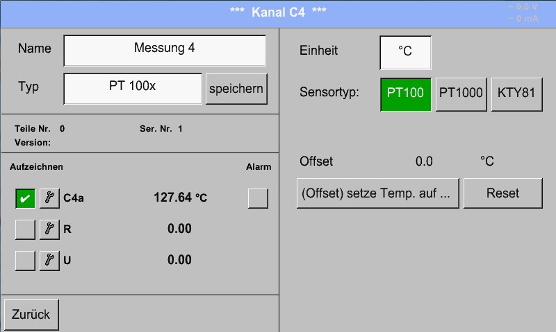 Konfiguration von Analogsensoren Hauptmenü Einstellungen Sensor-Einstellung C1 Typ Textfeld 0/4-20mA Hier zum Beispiel Typ 4 20 ma.