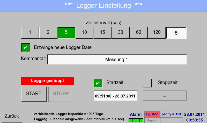 Logger-Einstellungen (Datenlogger) Hauptmenü Einstellungen Logger-Einstellung Erzwinge-neue-Logger-Datei-Knopf bzw.