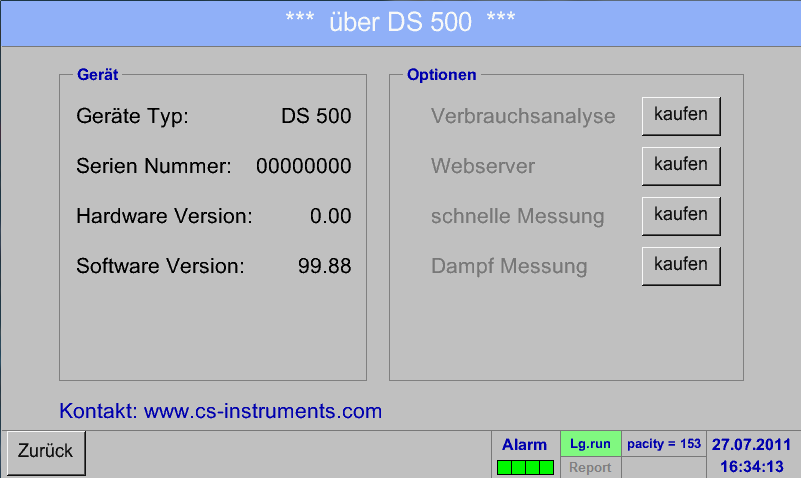 Weitere Einstellungsoptionen/Kosten 8.8.5 Über DS 500 Hauptmenü Einstellungen Über DS 500 Kurze Beschreibung der Hard- und Softwareversion, sowie die Seriennummer des DS 500.
