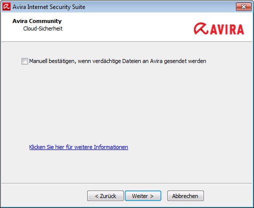 Installation und Deinstallation Damit Avira Internet Security Suite jedesmal eine Bestätigung von Ihnen fordert, aktivieren Sie die OptionManuell bestätigen, wenn verdächtige Dateien an Avira