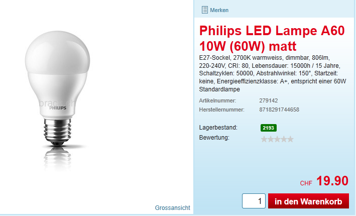 4. Konkrete Umsetzung Wir werden in unserem Projekt folgende LED Lampen verwenden. Wir werden Sie vom Distributor Brack.ch beziehen.
