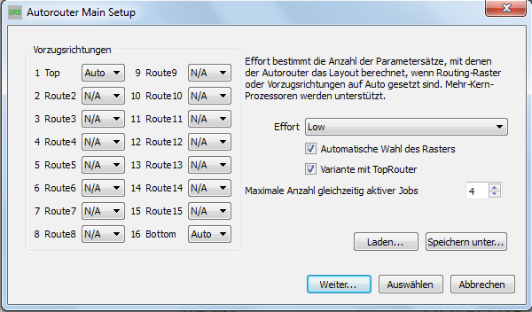 7.5 Das Autorouter-Menü Hauptdialog Autorouter Main Setup: Allgemeine Einstellungen An dieser Stelle legen Sie fest, in welchen Layern geroutet werden darf und welche Vorzugsrichtungen gelten.