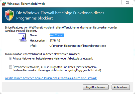 WebTransit und lokale Software-Firewall Die Windows-Firewall blockiert diesen Versuch und zeigt die folgende Meldung an, mit der Sie den Zugriff auf das Internet erlauben können: Norton Internet