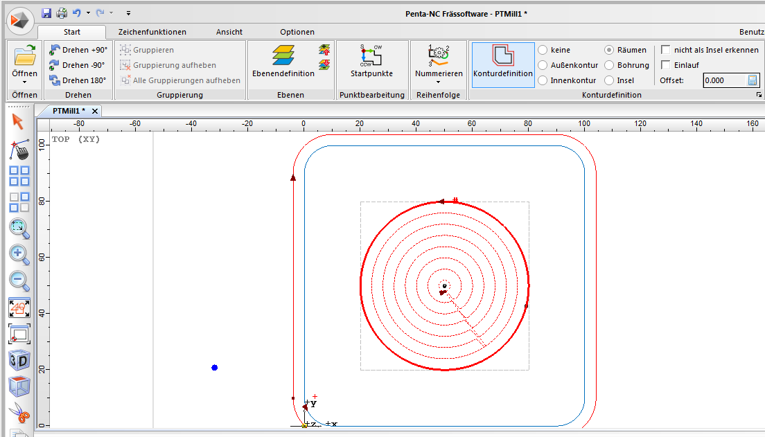 Durch selektieren der Funktion Räumen anstelle von Innenkontur wird der Kreis automatisch ausgeräumt.