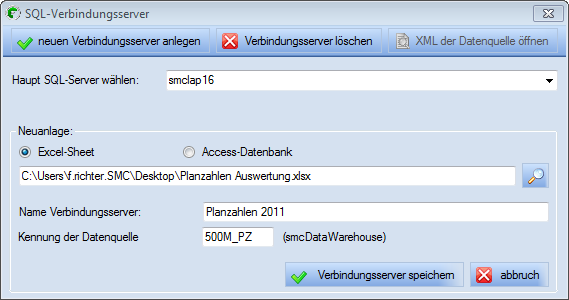smcdatamanagement SQL-Verbindungen Datenbankverbindungen: Das smcdatamanagement ermöglicht dem Benutzer neue Datenbanken am SQL-Server anzulegen.