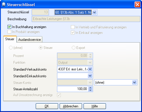 EINSTELLUNGEN Bearbeitungsfenster Um Details zu einem Steuerschlüssel einzusehen oder um einen Steuerschlüssel zu bearbeiten, markieren Sie ihn im Steuerregister und klicken auf Bearbeiten.