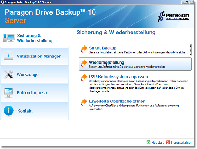 Drive Backup 10 Server 29 Anwenderhandbuch 3. Wenn Sie die Vereinbarung akzeptieren, öffnet sich das Startfenster der Anwendung.