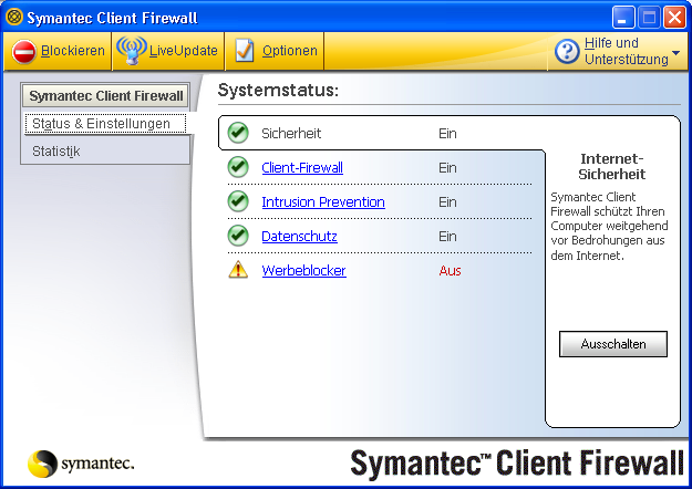 104 Grundlagen von Symantec Client Firewall Zugriff auf Symantec Client Firewall So greifen Sie auf Symantec Client Firewall zu Führen Sie einen der folgenden Schritte aus: Doppelklicken Sie in der