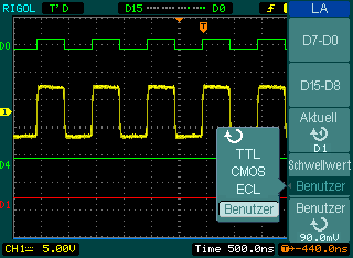 2. Grenzbereichseinstellungen für digitale Kanäle Drücken Sie LA Schwellwert, wählen Sie einen Logikstandard oder Benutzer um eine gewünschte Schwellenspannung einzustellen.