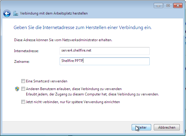 6) Die Internetverbindung (VPN) verwenden 7) Im Feld Internet-Adresse: Eingabe der Server-Adresse