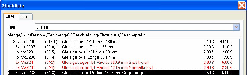 Referenz 79 Stückliste Verwenden Sie diesen Befehl, um die Stückliste Ihres Gleisplanes anzusehen. WinTrack zeigt dazu den Dialog Stückliste 79.