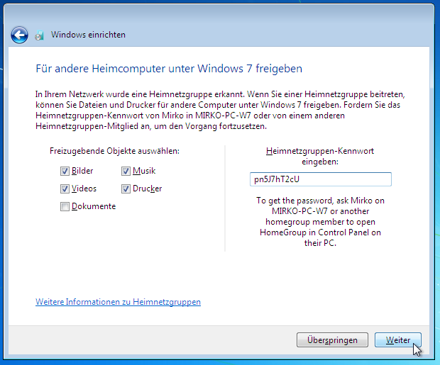 3. Sobald ein neuer Windows-7-PC hinzukommt, müssen Sie nur noch das Heimnetzgruppen-Kennwort eingeben und festlegen, welche Ordner oder Drucker auf dem neuen Rechner im Heimnetzwerk freigegeben