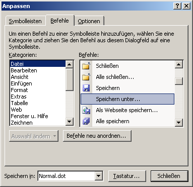 Ein Ikon Speichern unter in Word 2003-Menüleiste eintragen 1. Extras - Anpassen klicken. 2. Im Fenster den Reiter Befehle klicken, bei Datei bis Speichern unter scrollen.
