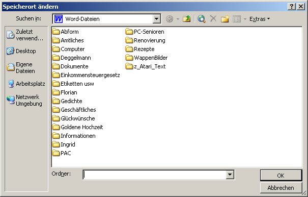 Speicherort in Word 2003 eintragen Durch Klicken auf Extras - Optionen Speicherort für Dateien kommt man zu diesem Fenster. Der Standardspeicherort wird hier geändert.