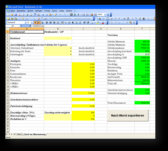 Sobald Sie eine Verfahrensart auswählen, wird die entsprechende Arbeitsmappe eingeblendet. Wählen Sie die Mappe «Menu», wird die aktive Mappe ausgeblendet.