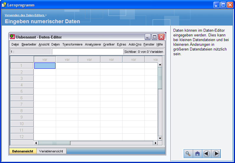 Einstieg in SPSS für Windows 33 2.3.3 Kontextsensitive Hilfe zu den Dialogboxen In fast jeder SPSS-Dialogbox können Sie mit der Standardschaltfläche Hilfe Informationen zu all ihren Optionen anfordern.