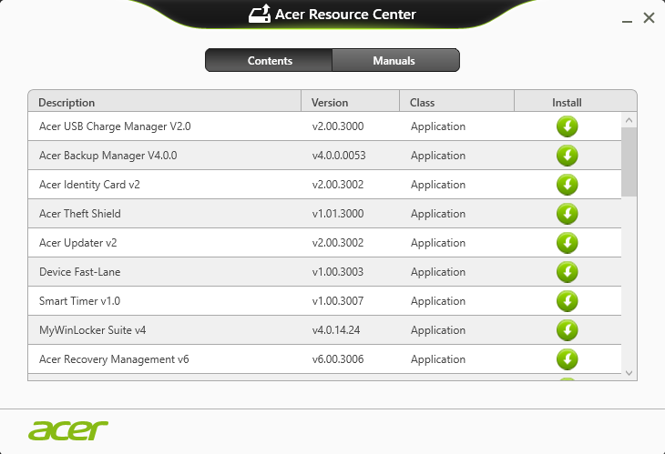 Der Bereich Inhalte des Acer Ressourcen-Centers sollte dann angezeigt werden. Klicken Sie auf das Installieren-Symbol für das Element, das Sie installieren möchten.
