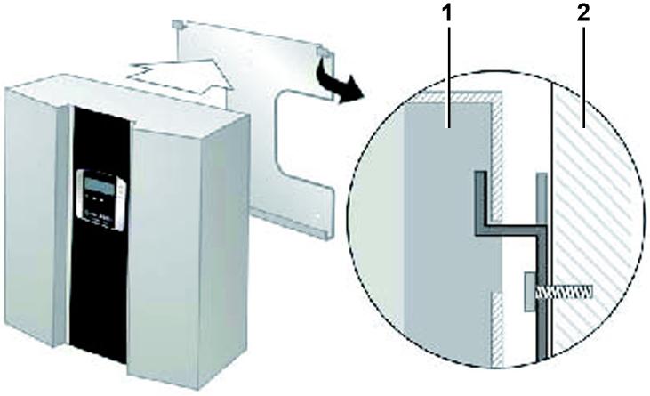 Hängen Sie den Photovoltaik-Wechselrichter an der Wandhalterung ein. Nutzen Sie die obere Trägerplatte, damit der Photovoltaik-Wechselrichter nicht verrutschen kann.