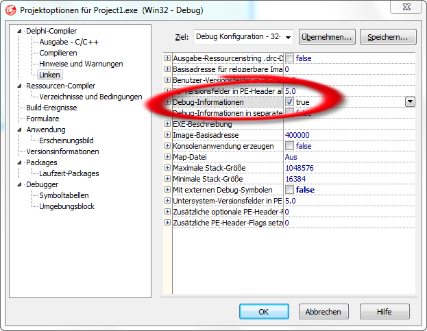 Fehlerbehandlung - Die Vorbereitung Und im Unterpunkt Delphi-Compiler/Linken aktivieren wir die Debug-Informationen, damit diese in die ausführbare Datei geschrieben werden.