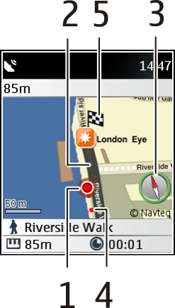 32 Maps Navigationsansicht beim Fahren 1 Route 2 Ihre Position und die Richtung, in die Sie fahren 3 Kompass Navigationsansicht beim Gehen 1 Ihr Standort 2 Zu verwendende Route 3 Kompass 4 Ihre