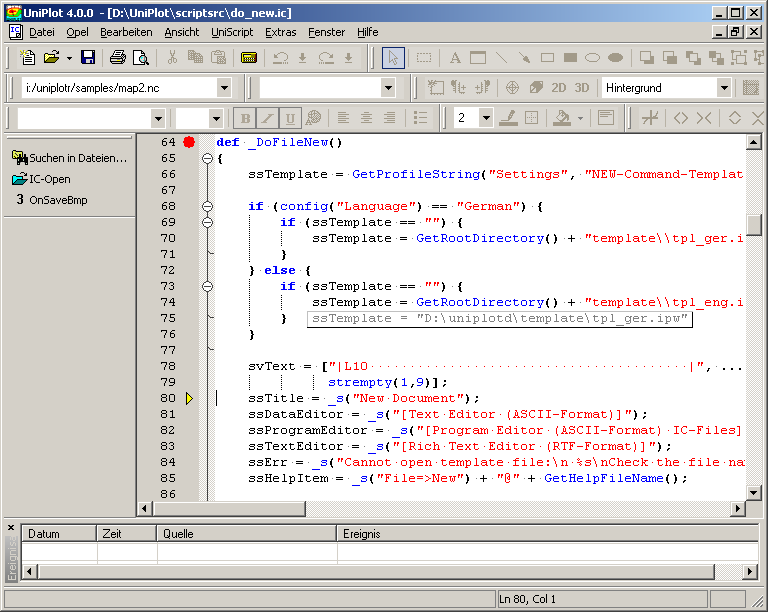 Die Anwendung des Debuggers soll an einem Beispiel gezeigt werden: Öffnen Sie die Datei uniplot\script\do_new.ic. Setzen Sie den Cursor auf die Zeile 62 (def _DoFileNew()).