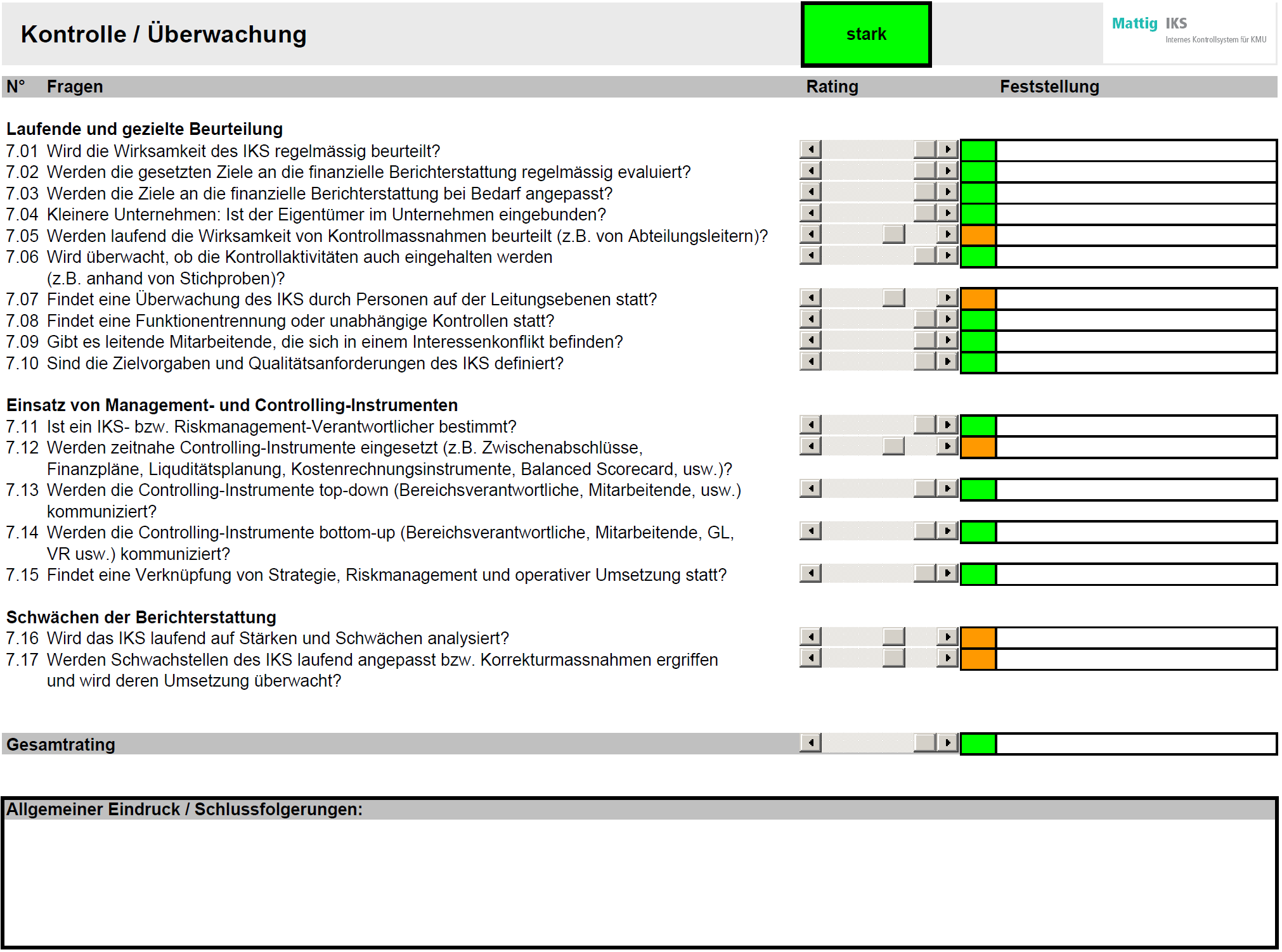 Abbildung 2 Self-Audit Kontrolle / Überwachung Nachfolgend werden die einzelnen Elemente von Mattig IKS erläutert und mit Darstellungen aus dem Tool veranschaulicht.
