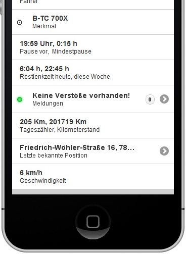 TACHOfresh MOBILE Anzeige der aktuellen Daten des digitalen Tachographen auf einem Smartphone (iphone, ipad,