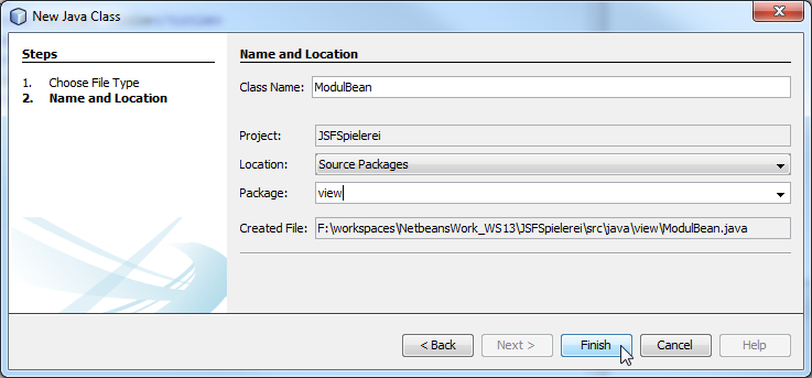 JSF (NetBeans 8) Manuelle Erstellung der Klasse Die Steuerungs-Klasse ModulBean kann wie eine normale Java-Klasse angelegt werden.