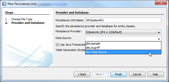 JSF (NetBeans 8) Der Name der Persistence Unit und der Persistence Provider werden beibehalten. Jetzt wird der Pfeil rechts von Data Source angeklickt und Create New Datasource ausgewählt.