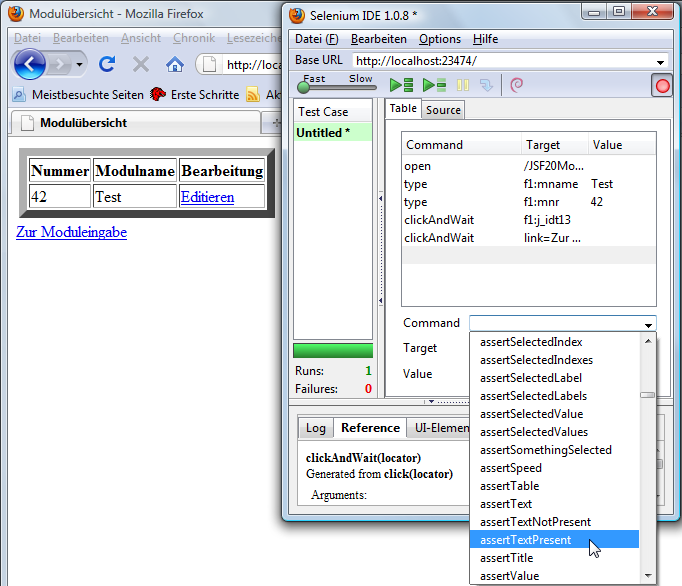 Selenium Die Beispielanforderung fordert nur, dass irgendwo der Text Test auf der aktuellen Seite vorkommt. Generell kann man die Testaufzeichnung auch stoppen, um Befehle von Hand einzugeben.