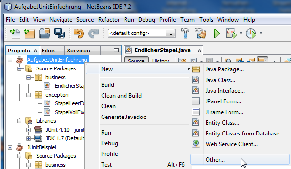 Nutzung von JUnit (NetBeans 8) Möchte man Tests erstellen, macht man einen Rechtsklick auf dem Projekt und wählt New -> Other.
