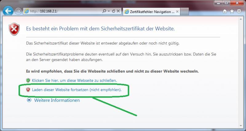 Hier bitte den Link: Laden dieser Website fortsetzen (nicht empfohlen) drücken, nun