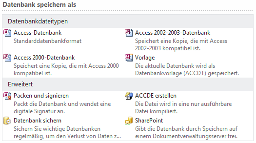 Arbeiten mit alten und neuen Access-Dateien Access 2010-Datenbanken (und Access 2007-Datenbanken) verwenden ein neues Format zum Speichern von Dateien.