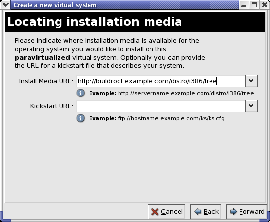 Red Hat Enterprise Linux 5 Virtualization Abbildung 17.10. Ort der Installationsmedien 6.