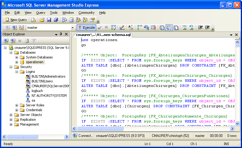 Verwendung von Microsoft SQL Server, Seite 10/18 2.3.5 Datenbankschema anlegen und Daten einfügen Es werden nun zwei SQL-Skripte benötigt. Diese sind in der Datei 'sqlserver-operationen.zip' gepackt.