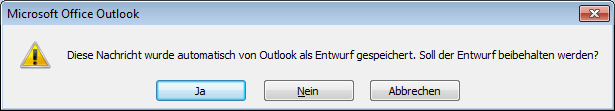 Hierbei kann folgende Abfrage erfolgen: Wird die Frage mit <Ja> beantwortet, bleibt ein Entwurf im Outlook zurück. Es erfolgt keine Kontakt- Anlage.
