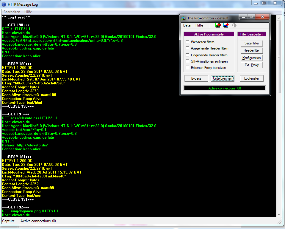 Das obige Bild zeigt einen laufenden Proxomitron (Port 8080) mit Logfenster und die Ausgaben für den Zugriff aus Firefox auf