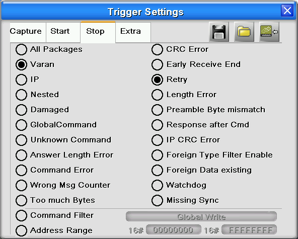 VARAN ANALYZER ETVA 0501 Triggereinstellungen Mit dem Button ist das Einstellungsfenster für die Trigger