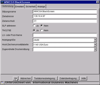 Abbildung 5: Eingestellte und modifizierbare Eigenschaften der Session "BlackScreen" Die Host-Zeichenumsetztabelle beeinflußt das Aussehen der Zeichen auf dem Bildschirm.