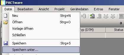 Konfiguration Hinweis! Weitere Informationen zur Bedienung von PACTware TM finden Sie in der Online-Hilfe. 5.2 Starten und speichern eines Projekt Projekt starten 1.