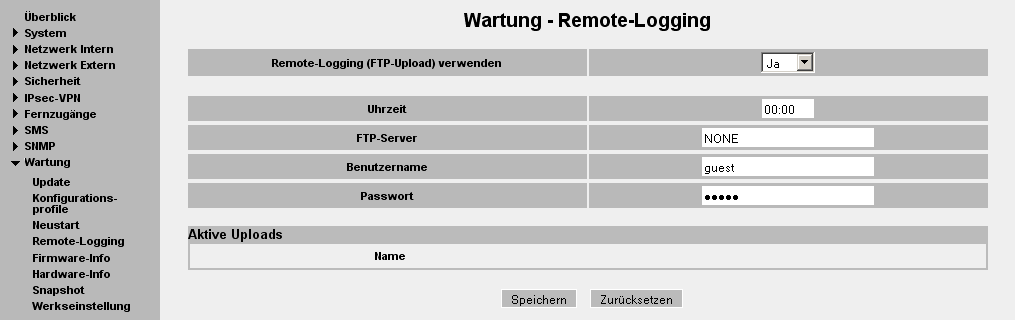 Logbuch, Update und Diagnose 10.2 Remote-Logging Wartung > Remote-Logging Funktion Das kann das System-Logbuch einmal am Tag per FTP (= File Transfer Protocol) an einen FTP-Server übertragen.