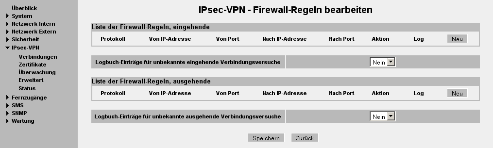 IPsec-VPN-Verbindungen IPsec-VPN Firewall- Regeln bearbeiten Funktion Werkseinstellung Die IPsec-VPN-Verbindung wird grundsätzlich als sicher angesehen.