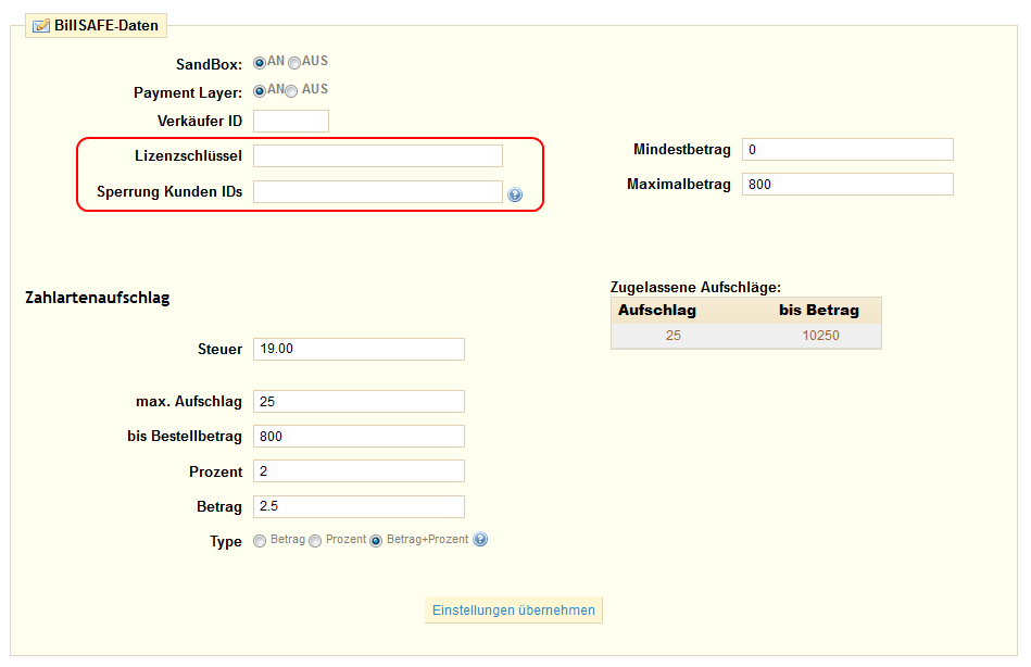 Im Konfigurationsschirm tragen Sie Ihre Verkäufer ID ein und den Lizenzschlüssel, den Sie von BillSAFE erhalten haben. Zum Testen des Moduls wählen Sie bitte Sandbox.