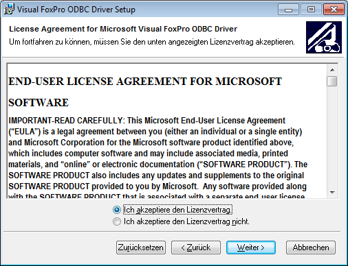 1.1. Installation des Microsoft Visual FoxPro ODBC-Treibers Führen Sie die heruntergeladene Exe aus und folgen Sie den Anweisungen des Installationsprogrammes (Achtung: