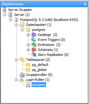 Objektbrowser bei einer geöffneten Verbindung Datenbanken auf einem Server. Tablespaces sind die Verzeichnisse einer Datenbank.