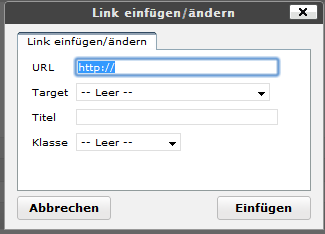 Links einfügen Zum Einfügen eines Links, den entsprechenden Text markieren und dann auf diesen Button klicken. Es öffnet sich ein Fenster. URL: Hier gebt Ihr die Linkadresse (URL) ein.