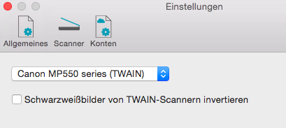 IRIScan-Scanner Schließen Sie Ihren IRIScan TM -Scanner an Ihren Mac an und schalten Sie ihn ein. Installieren Sie den Twain-Treiber Ihres Scanners.