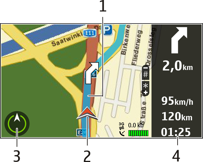 Karten 92 Navigationsansicht 1 Route 2 Ihr Standort und Ihre Richtung 3 Kompass 4 Informationsleiste (Geschwindigkeit, Entfernung, Zeit) Abrufen von Verkehrs- und Sicherheitsinformationen Erhöhen Sie