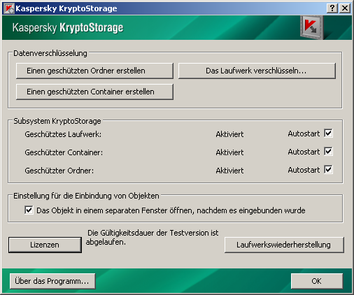 49 Kaspersky KryptoStorage 1.0 Abb. 9: Kaspersky KryptoStorage-Subsysteme konfigurieren Rechts von den Bezeichnungen der einzelnen Subsysteme befindet sich das Kontrollkästchen Аutostart.